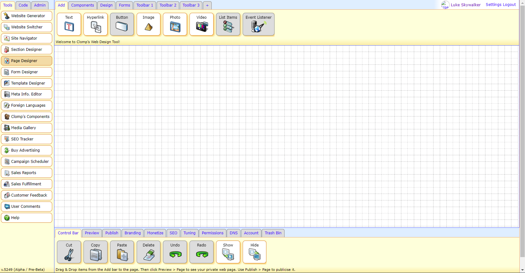 A screenshot of the Clomp Web Design Platform Tool, which is available to use when logged in.
